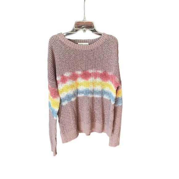 KNOX ROSE LIGHTWEIGHT OPEN KNIT COTTON SWEATER RAINBOW TIE-DYE STRIPED CREWNECK - Picture 4 of 15